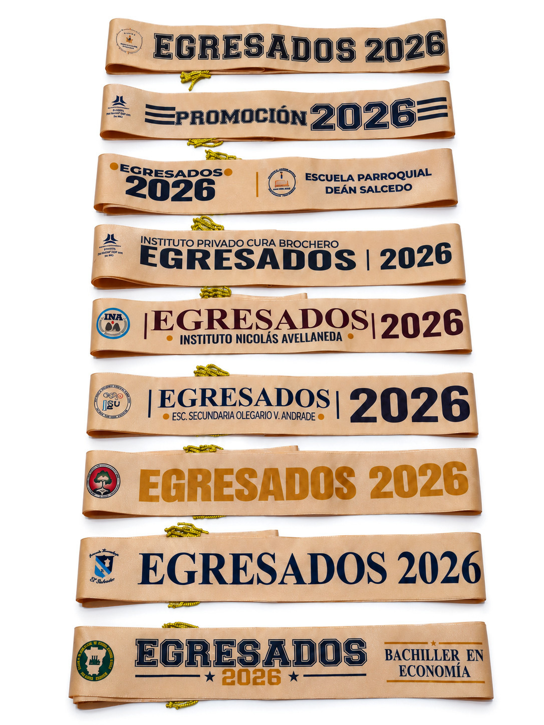Distintos modelos de bandas beige personalizadas para egresados