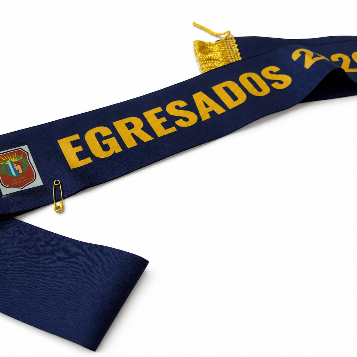 Banda azul personalizada para egresados con estampado dorado