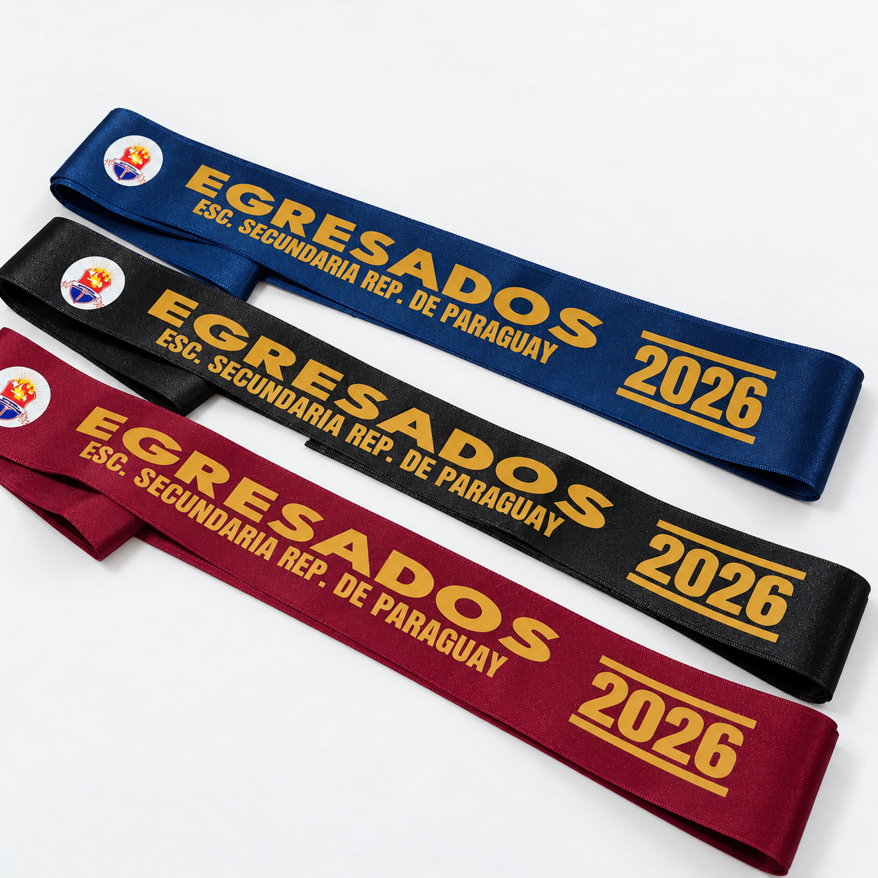 Tres bandas color personalizadas para egresados en azul, negro y bordó
